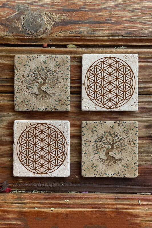 Stone Coasters Stone Coasters - Set of 4 Tree of Life Flower of Life Set