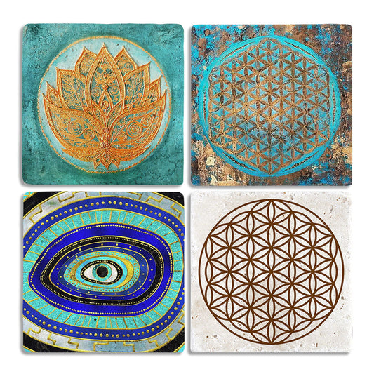 Stone Coasters Stone Coasters - Set of 4 Lotus Flower Flower of Life Evil Eye
