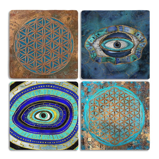 Stone Coasters - Set of 4 Evil Eye Flower of Life