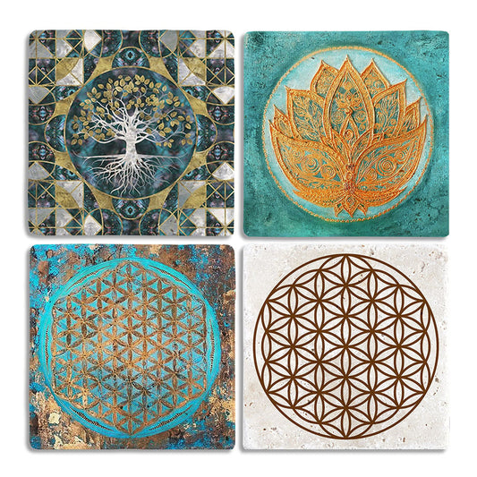 Stone Coasters Stone Coasters - Set of 4 Flower of Life Lotus Tree of Life