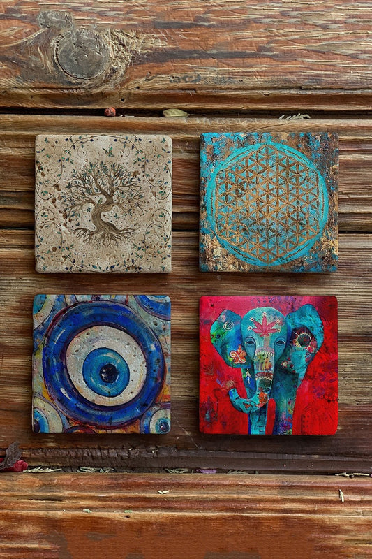 Stone Coasters Stone Coasters - Set of 4 Tree of Life Elephant Flower of Life