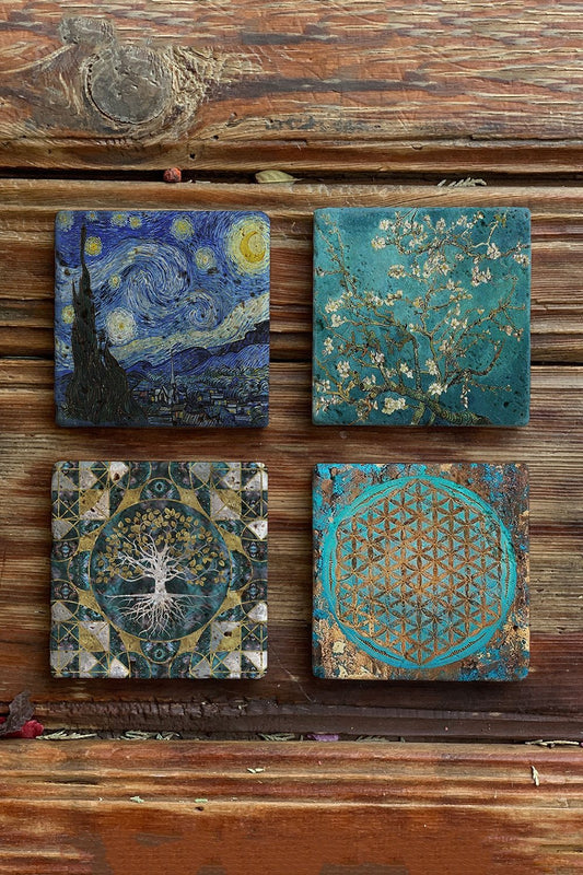 Stone Coasters - Set of 4 Van Gogh Paintings and Tree of Life