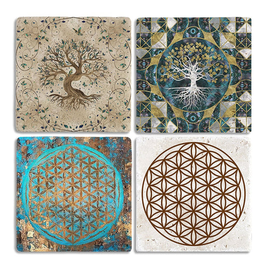 Stone Coasters Stone Coasters - Set of 4 Tree of Life and Flower of Life