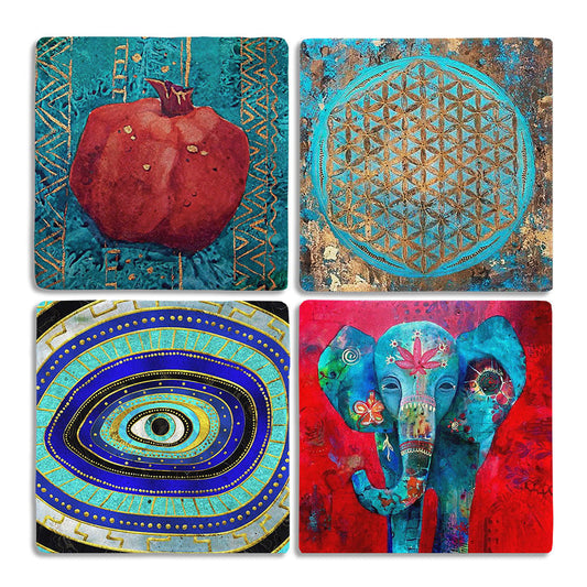 Stone Coasters Stone Coasters - Set of 4 Elephant Evil Eye Flower of Life
