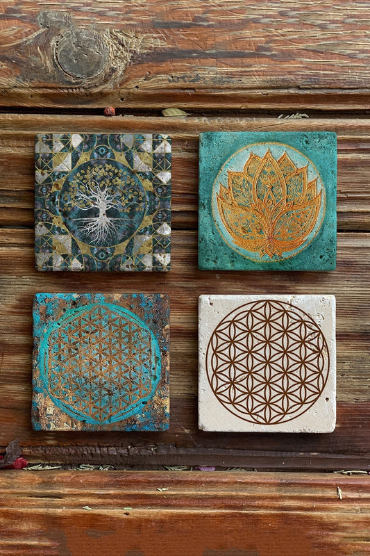 Stone Coasters Stone Coasters - Set of 4 Flower of Life Lotus Tree of Life