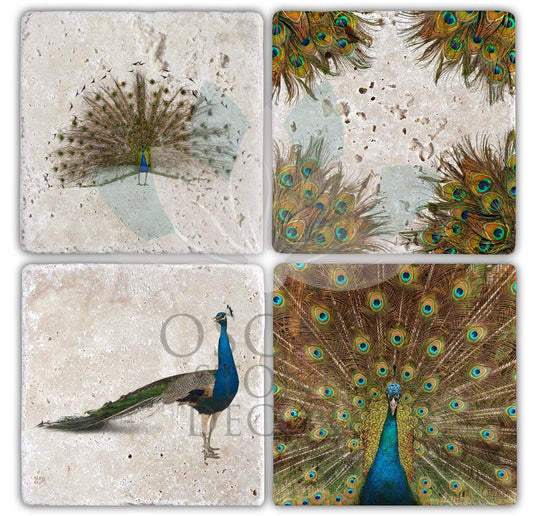 PEACOCK 4-Piece NATURAL STONE COASTERS / BA097 (COASTER)
