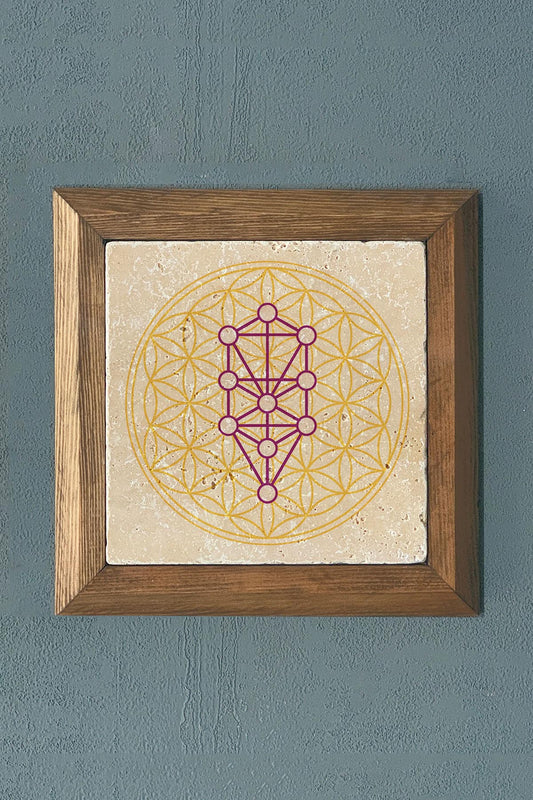 Flower of Life Hüman Design Solid Wooden Framed Stone Painting 11" x 11"