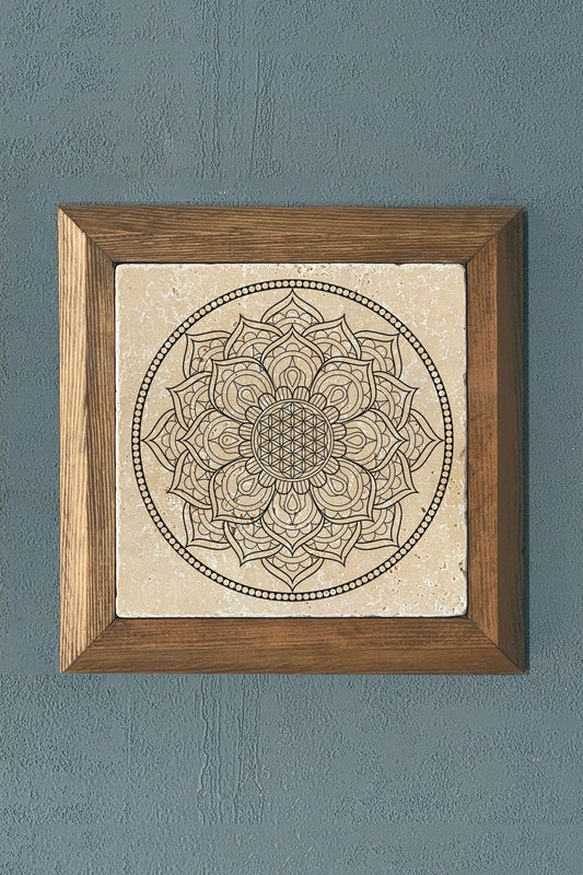 Flower of Life Mandala Solid Wooden Framed Stone Painting -Wall Decoration-11" x 11"