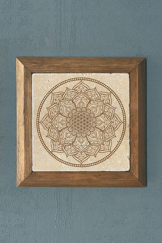 Flower of Life Mandala Solid Wooden Framed Stone Painting -Wall Decoration-11" x 11"
