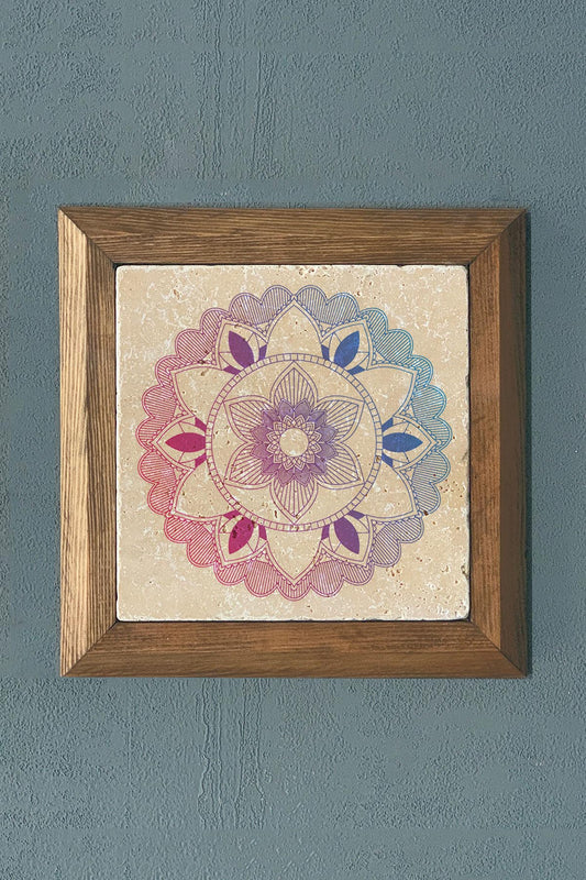 Flower of Life Mandala Solid Wooden Framed Stone Painting -Wall Decoration-11" x 11"