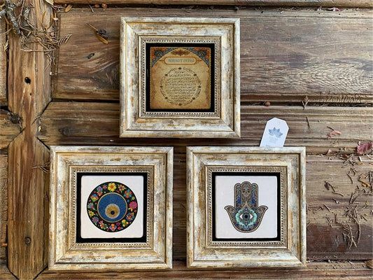 Oscar StoneDecor Framed Stone Wall Decoration 8" x 8" 3pcs Set of Fatima Mother's Hand, Fertility Prayer, Evil Eye Bead