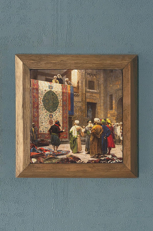 OSMAN HAMDİ - CARPET MERCHANT Solid Framed Stone Painting - 11" x 11"