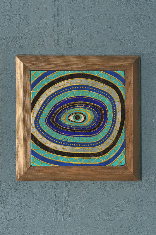 Stone Painting - Evil Eye Solid Wood Framed Stone Painting - Wall Decoration - 11" x 11"