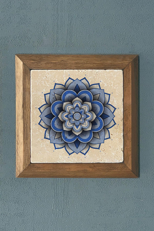 Stone Painting - Flower of Life Mandala with Solid Wood Frame - Wall Decoration - 11" x 11"