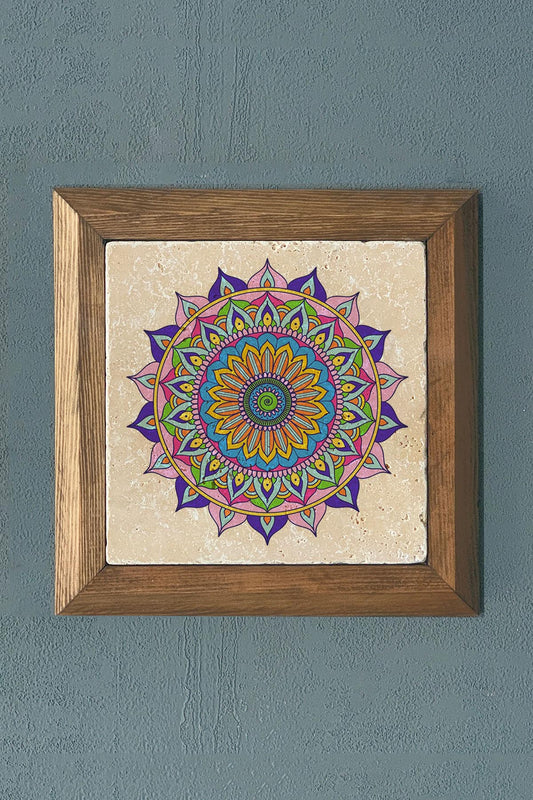 Stone Painting - Flower of Life Mandala Solid Wooden Framed Wall Decoration - 11" x 11"