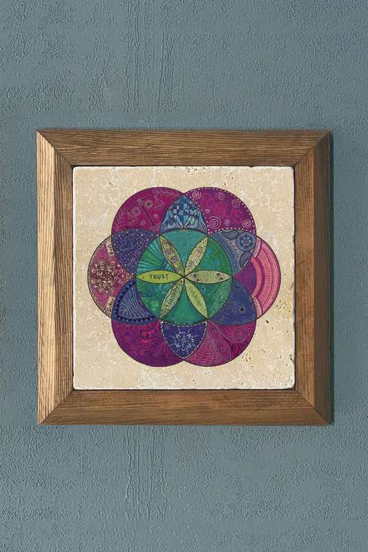 Stone Painting - Flower of Life Solid Wood Framed Stone Painting - Wall Decoration - 11" x 11"