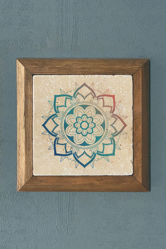 Stone Painting - Flower of Life Mandala Solid Wooden Framed Wall Decoration - 11" x 11"