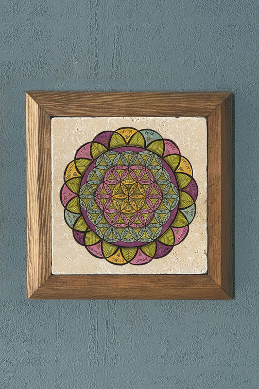 Stone Painting - Flower of Life Solid Wood Framed Stone Painting - Wall Decoration - 11" x 11"