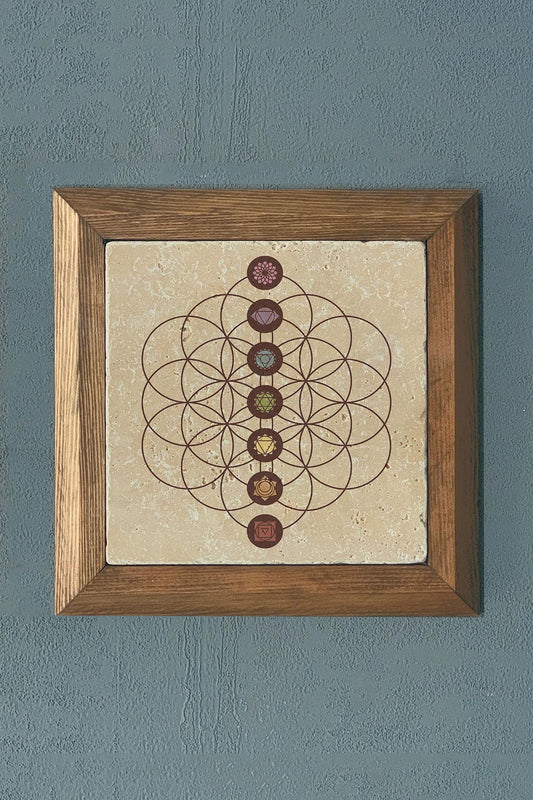 Stone Painting - Flower of Life Solid Wood Framed Stone Painting - Wall Decoration - 11" x 11"