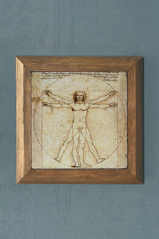 Vitruvian Man - Leonardo da Vinci - Solid Framed Stone Painting - 11" x 11"