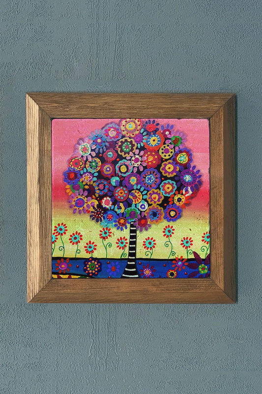 TREE OF LIFE-Solid Framed Stone Painting-Wall Decor- 11" x 11"C